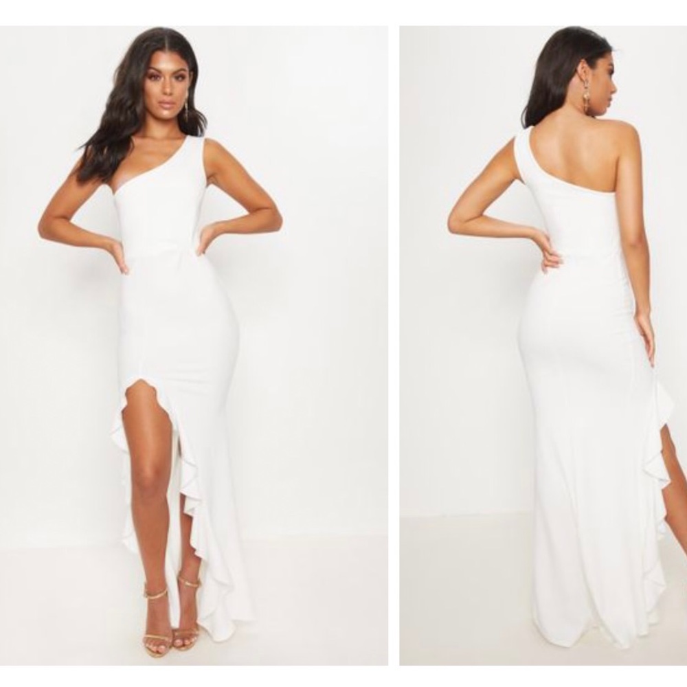 White one shoulder ruffle hem maxi dress